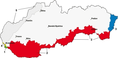 Žluté a červené plochy jsou územní ztráty 
Slovenska, žluté – území připadlo Třetí říši, červené – Maďarsku